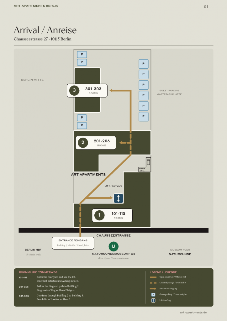 Arrival map of Art Apartments Berlin showing buildings, entrances, lift and parking areas